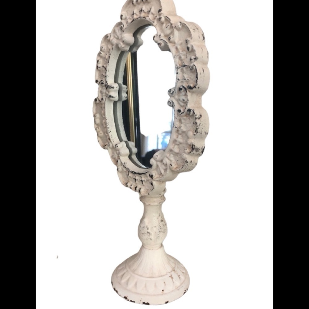 VTG Cast Iron Distressed Table Top Dresser Oval Stem Mirror 10” Revival Recoco - Picture 5 of 7